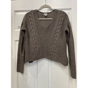Converse One Star Sweater Taupe Brown Cable Knit Pointelle V-Neck Cottagecore